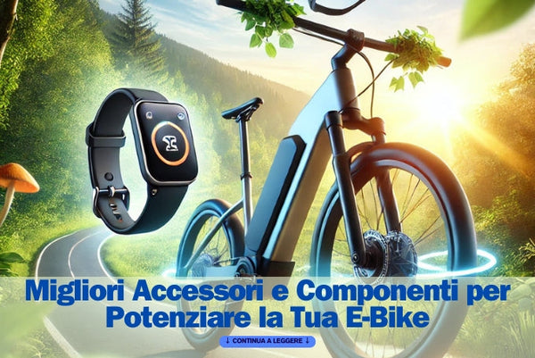 Immagine che mostra una bici elettrica con accessori come casco e display digitale, ambientata in un paesaggio naturale con un cielo soleggiato. Rappresenta modernità, sostenibilità e avventura.
