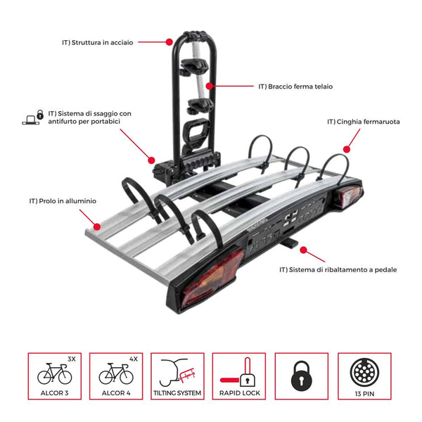 Portabici al Gancio da Traino ALCOR per 4 Bici